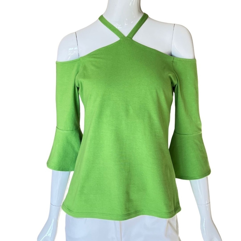 Boston Proper Off Shoulder Green Halter Top With 3/4 Length Bell Sleeve Size M - Picture 3 of 7